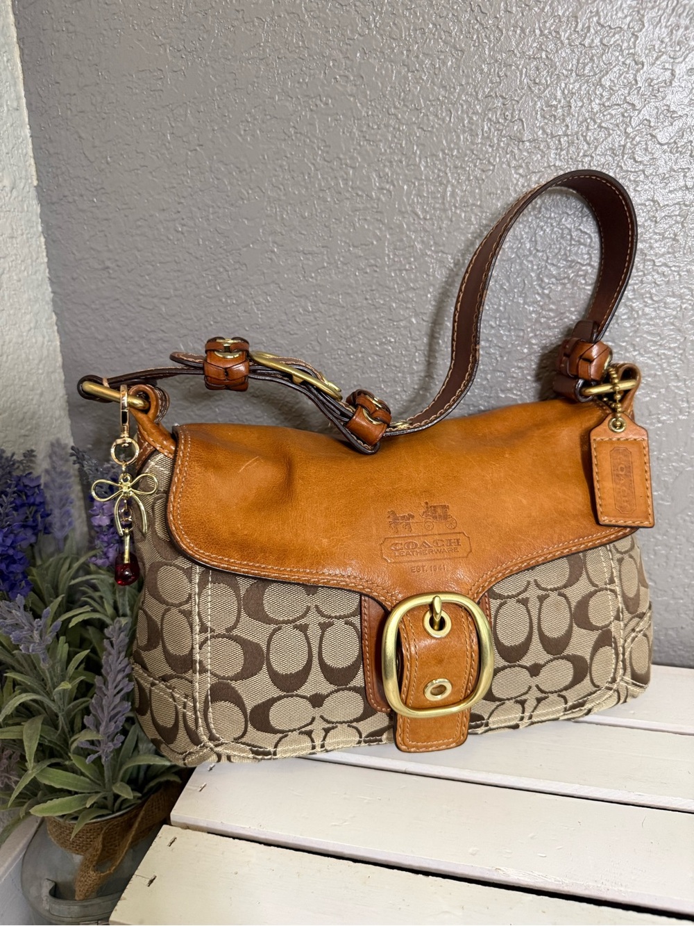 Coach Bleeker Signature Canvas Leather Buckle Accent Shoulder bag Charm/Tag